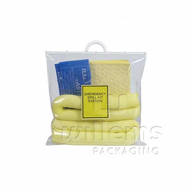 Transparent, recyclable spill kit bag with handle
