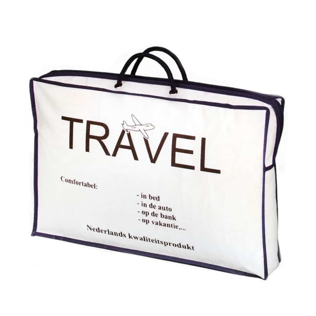 White travel pillow bag with black print border